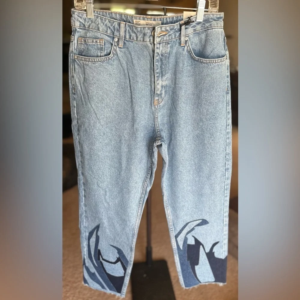 Topshop Blue Straight Leg Jeans with Black & Blue Pattern - Picture 2 of 5